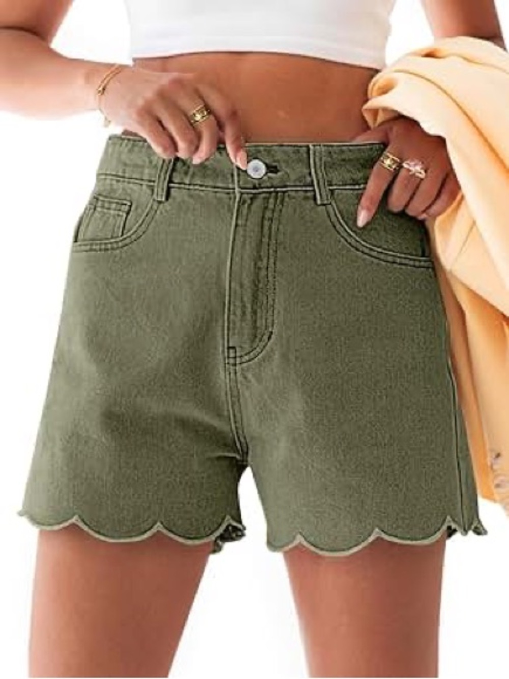 High-Waist Olive Scallop Hem Denim Shorts NWT